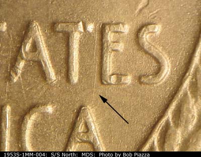 Die-stage B marker on 1953S•1MM•004 (1953 Repunched Mint Mark).