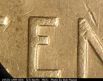 Die-stage B marker on 1953S•1MM•004 (1953 Repunched Mint Mark).