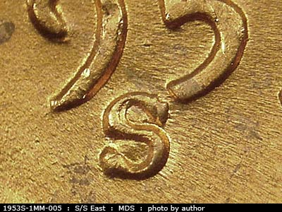 1953 Lincoln cent obverse, CopperCoins die 1953S•1MM•005.