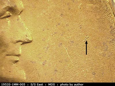 Die-stage B marker on 1953S•1MM•005 (1953 Repunched Mint Mark).
