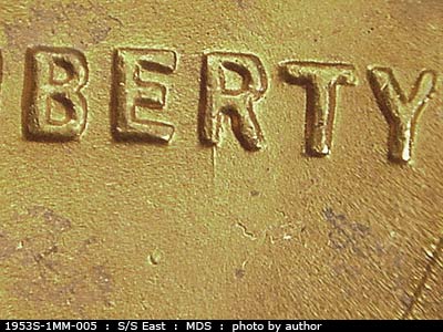 Die-stage B marker on 1953S•1MM•005 (1953 Repunched Mint Mark).