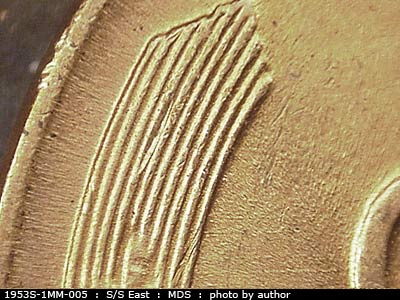Die-stage B marker on 1953S•1MM•005 (1953 Repunched Mint Mark).