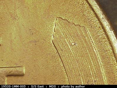 Die-stage B marker on 1953S•1MM•005 (1953 Repunched Mint Mark).