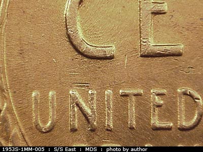 Die-stage B marker on 1953S•1MM•005 (1953 Repunched Mint Mark).