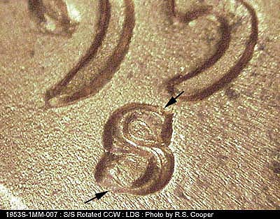Die-stage C marker on 1953S•1MM•007 (1953 Repunched Mint Mark).