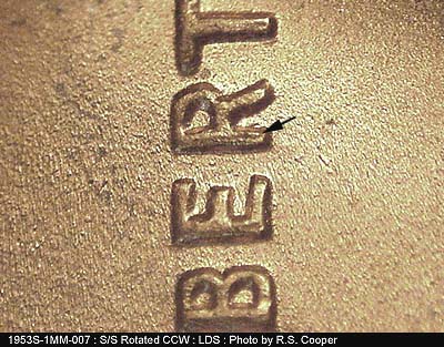 Die-stage C marker on 1953S•1MM•007 (1953 Repunched Mint Mark).