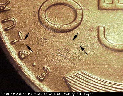 Die-stage C marker on 1953S•1MM•007 (1953 Repunched Mint Mark).