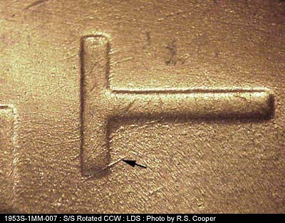 Die-stage C marker on 1953S•1MM•007 (1953 Repunched Mint Mark).