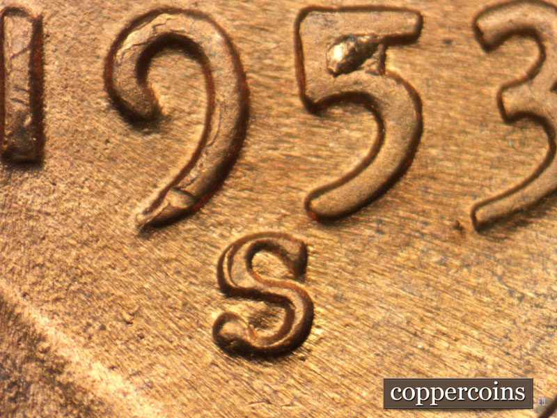 Die-stage C marker on 1953S•1MM•008 (1953 Repunched Mint Mark).