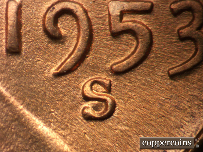 1953 Lincoln cent obverse, CopperCoins die 1953S•1MM•010.
