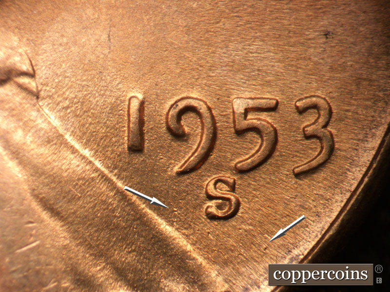 Die-stage B marker on 1953S•1MM•010 (1953 Repunched Mint Mark).