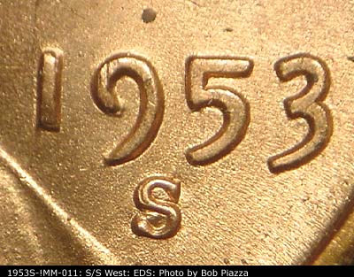 Die-stage A marker on 1953S•1MM•011 (1953 Repunched Mint Mark).