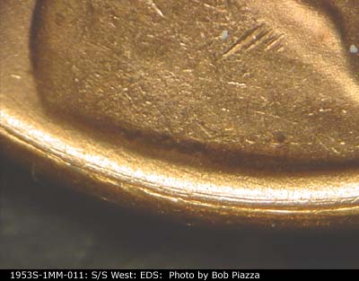 Die-stage A marker on 1953S•1MM•011 (1953 Repunched Mint Mark).
