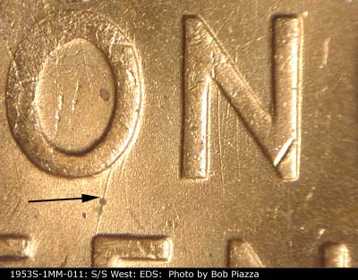 Die-stage A marker on 1953S•1MM•011 (1953 Repunched Mint Mark).