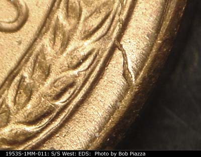 Die-stage A marker on 1953S•1MM•011 (1953 Repunched Mint Mark).