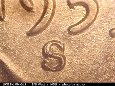 1953 Lincoln cent obverse, CopperCoins die 1953S•1MM•011.