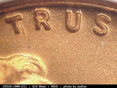 Die-stage B marker on 1953S•1MM•011 (1953 Repunched Mint Mark).