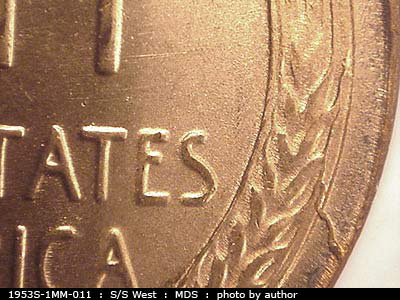 Die-stage B marker on 1953S•1MM•011 (1953 Repunched Mint Mark).