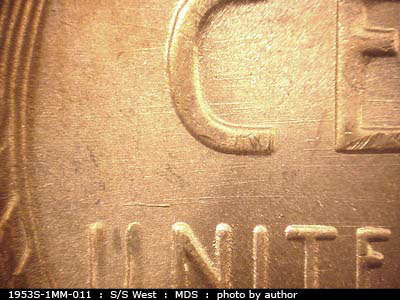 Die-stage B marker on 1953S•1MM•011 (1953 Repunched Mint Mark).