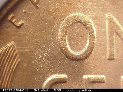 Die-stage B marker on 1953S•1MM•011 (1953 Repunched Mint Mark).
