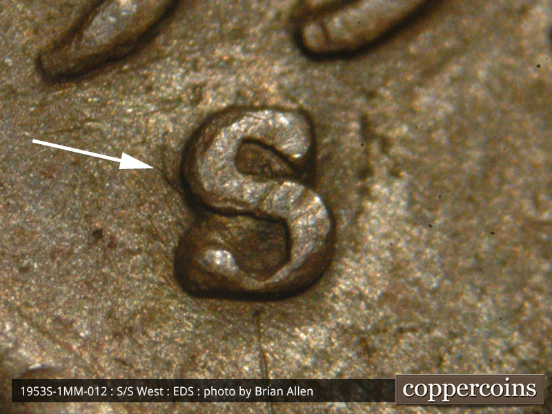 Die-stage A marker on 1953S•1MM•012 (1953 Repunched Mint Mark).