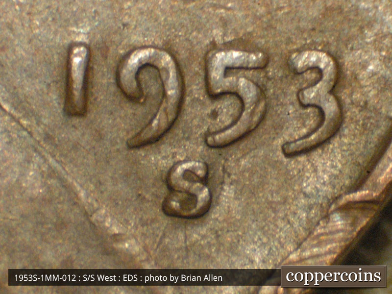Die-stage A marker on 1953S•1MM•012 (1953 Repunched Mint Mark).