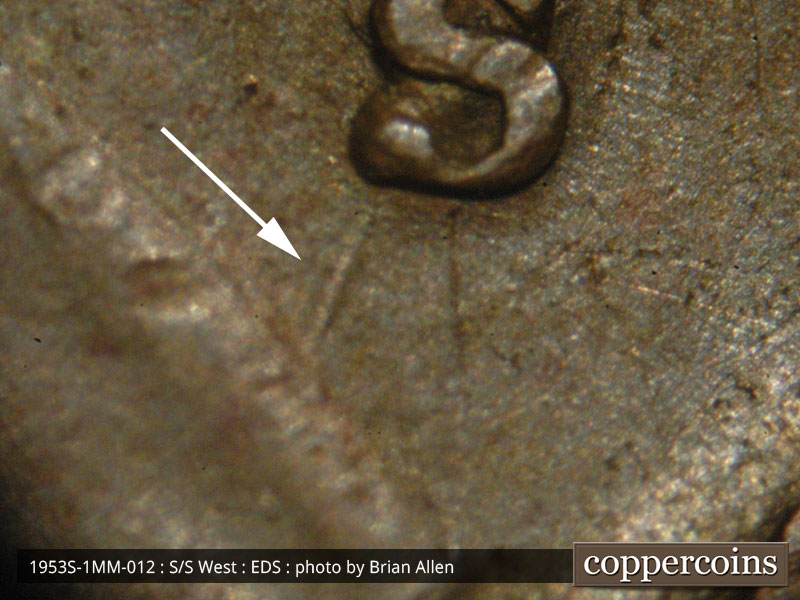 Die-stage A marker on 1953S•1MM•012 (1953 Repunched Mint Mark).
