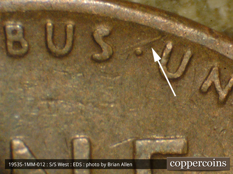 Die-stage A marker on 1953S•1MM•012 (1953 Repunched Mint Mark).