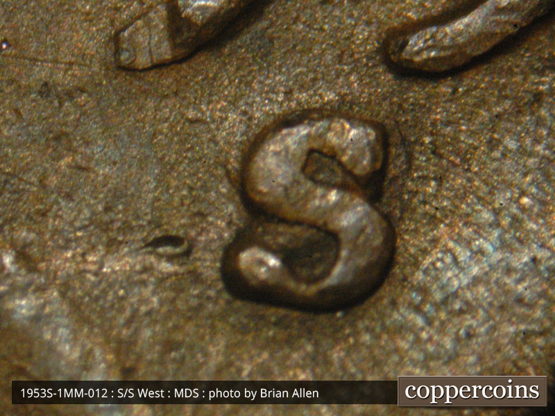 1953 Lincoln cent obverse, CopperCoins die 1953S•1MM•012.