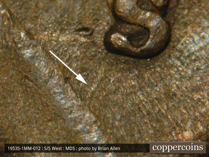 Die-stage B marker on 1953S•1MM•012 (1953 Repunched Mint Mark).