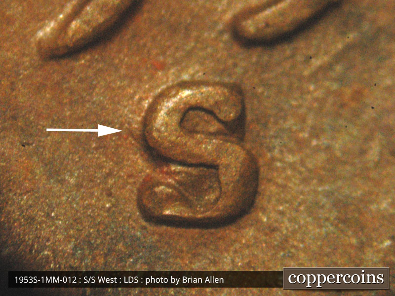 Die-stage C marker on 1953S•1MM•012 (1953 Repunched Mint Mark).