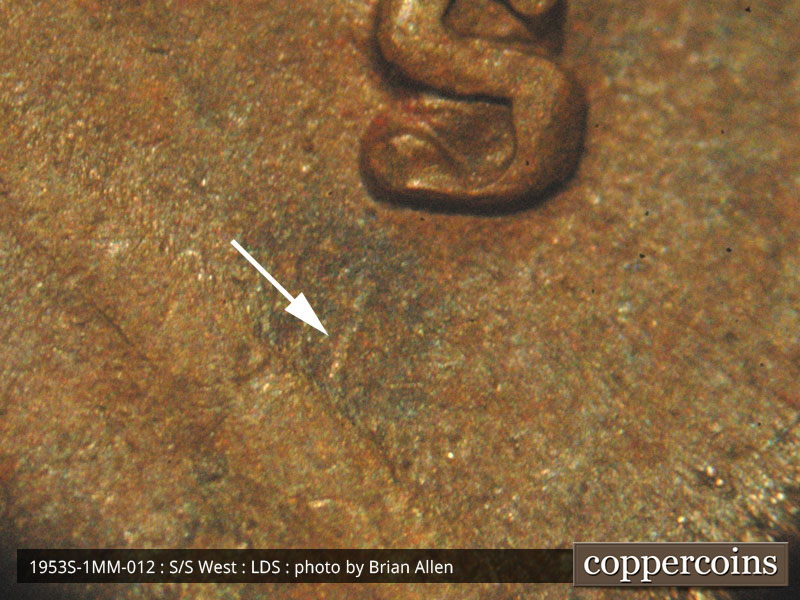 Die-stage C marker on 1953S•1MM•012 (1953 Repunched Mint Mark).