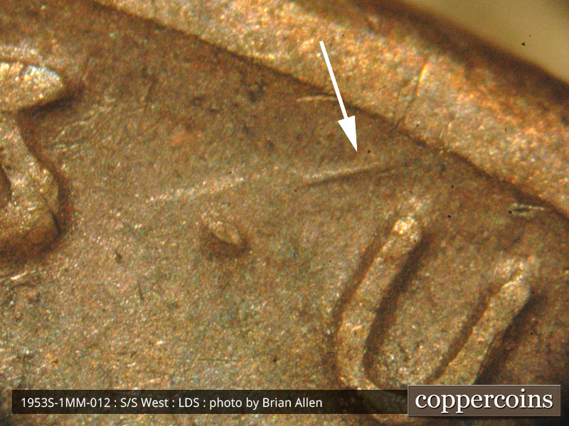 Die-stage C marker on 1953S•1MM•012 (1953 Repunched Mint Mark).