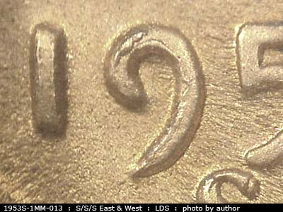 Die-stage C marker on 1953S•1MM•013 (1953 Repunched Mint Mark).