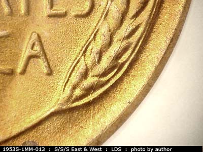 Die-stage C marker on 1953S•1MM•013 (1953 Repunched Mint Mark).
