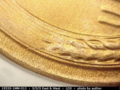Die-stage C marker on 1953S•1MM•013 (1953 Repunched Mint Mark).
