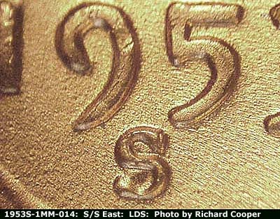 Die-stage C marker on 1953S•1MM•014 (1953 Repunched Mint Mark).