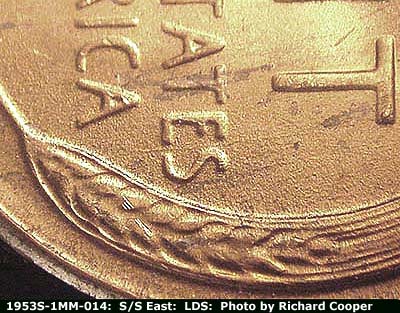 Die-stage C marker on 1953S•1MM•014 (1953 Repunched Mint Mark).