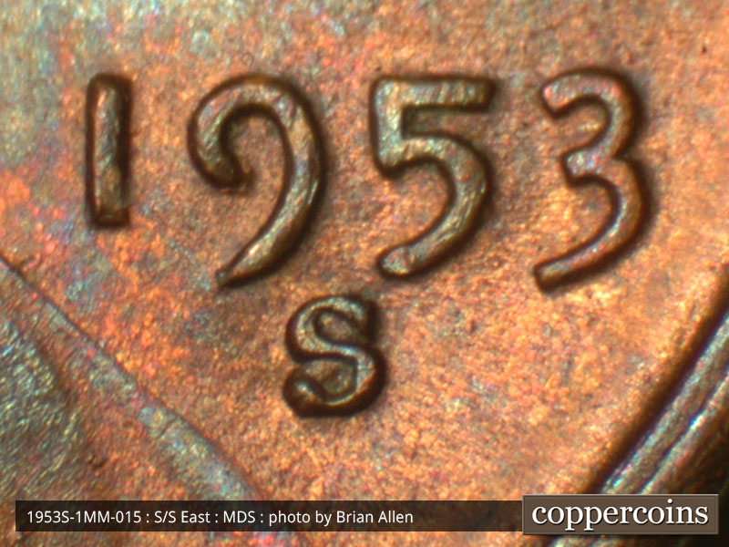 Die-stage B marker on 1953S•1MM•015 (1953 Repunched Mint Mark).