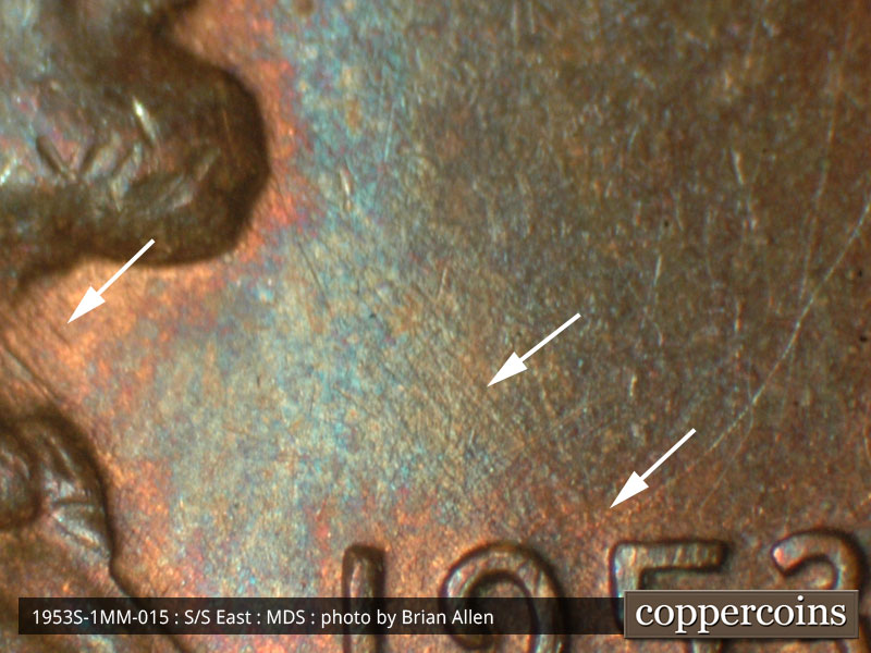 Die-stage B marker on 1953S•1MM•015 (1953 Repunched Mint Mark).