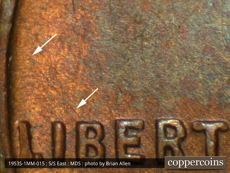 Die-stage B marker on 1953S•1MM•015 (1953 Repunched Mint Mark).