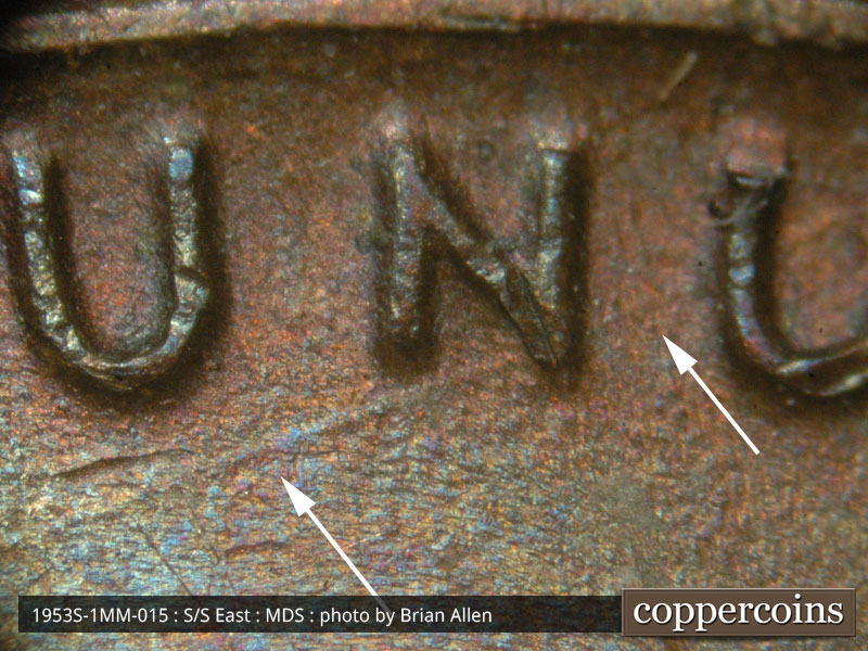 Die-stage B marker on 1953S•1MM•015 (1953 Repunched Mint Mark).