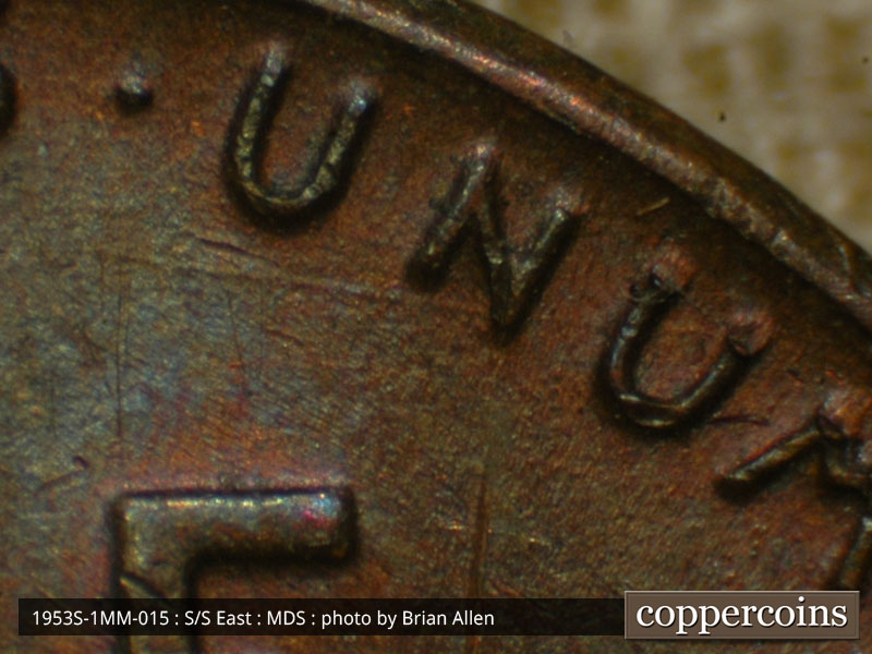 Die-stage B marker on 1953S•1MM•015 (1953 Repunched Mint Mark).