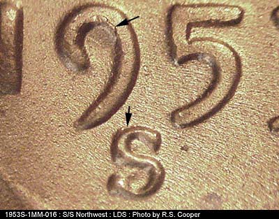 Die-stage C marker on 1953S•1MM•016 (1953 Repunched Mint Mark).
