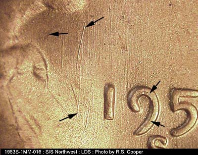Die-stage C marker on 1953S•1MM•016 (1953 Repunched Mint Mark).