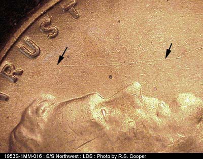 Die-stage C marker on 1953S•1MM•016 (1953 Repunched Mint Mark).