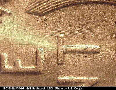 Die-stage C marker on 1953S•1MM•016 (1953 Repunched Mint Mark).