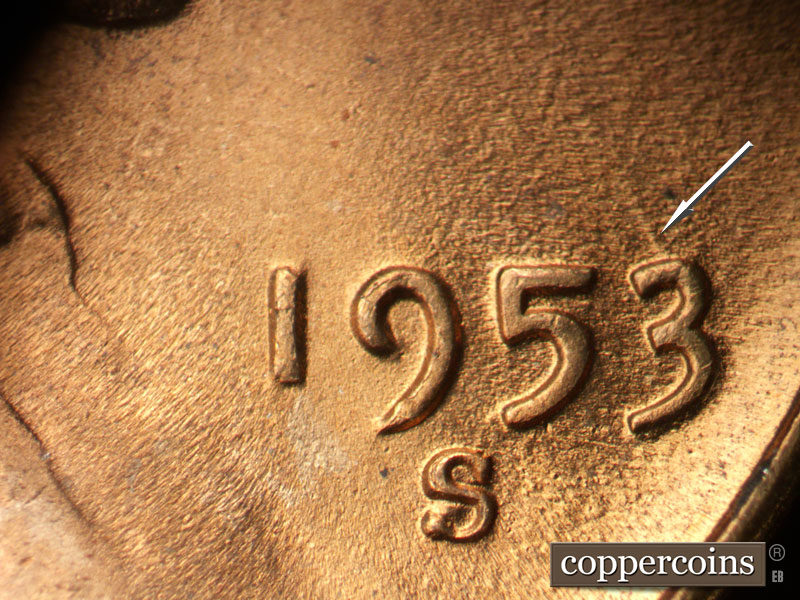 Die-stage C marker on 1953S•1MM•017 (1953 Repunched Mint Mark).