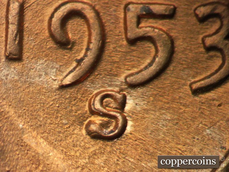1953 Lincoln cent obverse, CopperCoins die 1953S•1MM•018.
