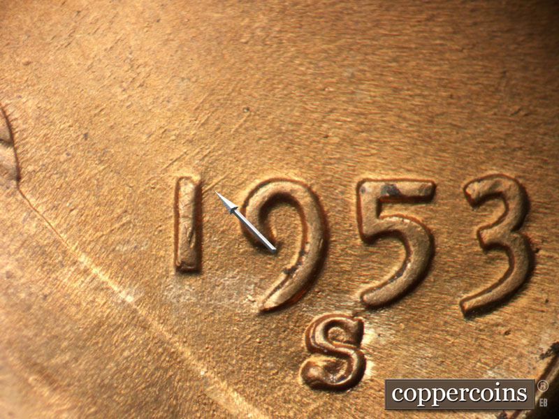 Die-stage B marker on 1953S•1MM•018 (1953 Repunched Mint Mark).